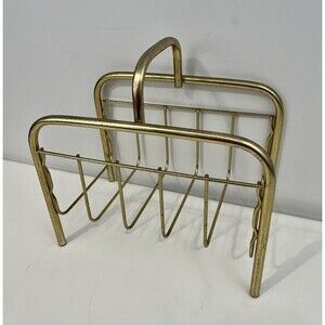 Mid Century Modern Magazine Newspaper Rack Brass Gold Metal Wire Design Vintage